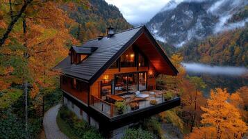 Luxurious Wooden Cabin in Autumn Mountain Landscape with Lake View photo