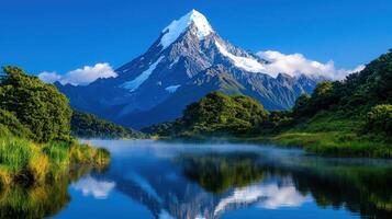 Majestic Mountain Peak Reflected in Serene Lake Stunning Landscape Photography photo