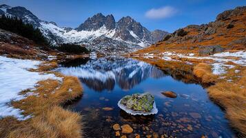 Serene Mountain Lake Reflection Snow capped Peaks Autumnal Grasses photo