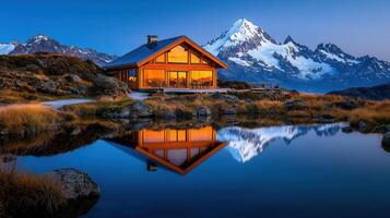 Stunning Mountain Cabin Reflection in Alpine Lake at Sunset Breathtaking Landscape Photography photo