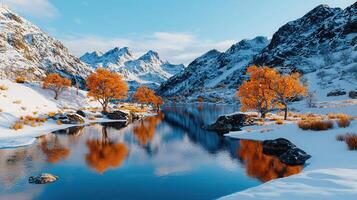 Stunning Winter Landscape Snow Covered Mountains Calm Lake and Vibrant Orange Trees photo
