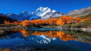Stunning Autumnal Mountain Lake Reflection Vibrant Orange Trees Snow Capped Peaks photo