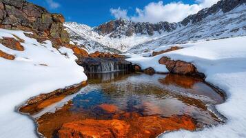 Stunning Winter Mountain Landscape Crystal Clear Water Snow and a Cascading Waterfall photo