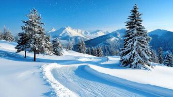 Scenic Winter Wonderland Snow Covered Mountain Trail Pristine Snow Evergreen Trees photo