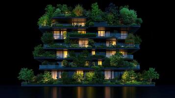 Modern Eco Friendly Apartment Building at Night with Lush Greenery on Balconies photo