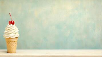 Delicious Whipped Cream Ice Cream Cone with Cherry on Rustic Teal Background photo