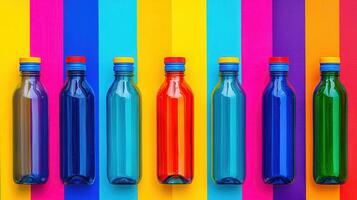 Colorful Plastic Water Bottles on Vibrant Rainbow Background Summer Hydration photo