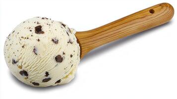Delicious Creamy Vanilla Ice Cream Scoop with Chocolate Cookie Pieces on Wooden Spoon photo