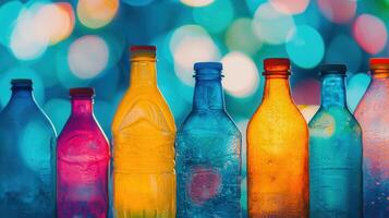 Colorful Plastic Bottles with Bokeh Background Refreshing Drinks Summer Vibes Recyclable Packaging photo