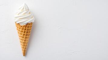 Delicious Vanilla Soft Serve Ice Cream in Waffle Cone on White Background photo
