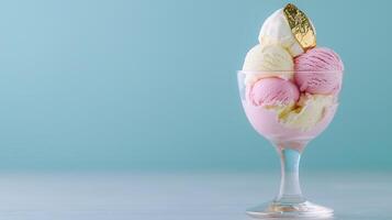 Delicious Strawberry and Vanilla Ice Cream Sundae in Glass Bowl Pastel Background photo