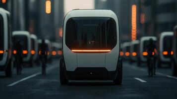 Autonomous Electric Vehicles Driving on City Street at Dusk photo