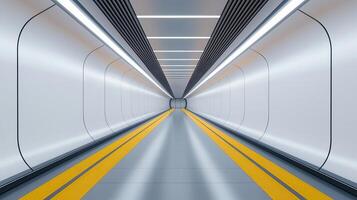 Futuristic Subway Tunnel Corridor Modern Interior Design with Yellow Guide Lines and Bright Lighting photo