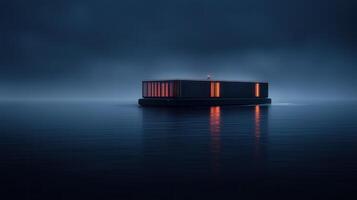Modern Floating House on Calm Water at Night Illuminated Windows Minimalist Architecture photo