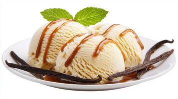 Delicious Vanilla Ice Cream Scoops with Caramel Sauce and Vanilla Beans photo