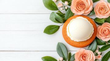 Delicious Vanilla Ice Cream Scoop on Cookie with Peach Roses and Greenery photo
