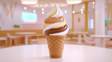 Delicious Triple Swirl Ice Cream Cone in Modern Cafe Setting photo