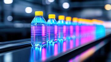 Conveyor Belt of Plastic Water Bottles in a Factory Production Line photo
