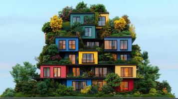 Eco Friendly Colorful Apartment Building with Lush Green Rooftop Gardens photo