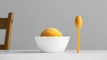 Single Scoop of Yellow Sorbet in White Bowl with Yellow Spoon on Table photo