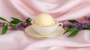 Creamy Vanilla Ice Cream Scoop in Elegant Teacup with Lavender Pastel Pink Fabric Background photo