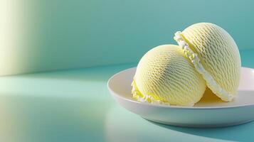 Delicious Creamy Vanilla Ice Cream Scoops on a Plate Cool Pastel Background photo