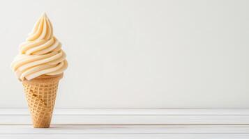 Creamy Vanilla Soft Serve Ice Cream Cone on White Wooden Table photo