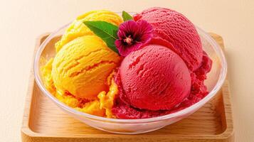 Delicious Mango and Raspberry Sorbet Ice Cream Scoops in Glass Bowl photo