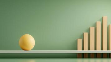 Minimalist Green Background with Yellow Sphere and Ascending Wooden Blocks Shelf Display photo
