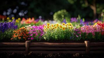 Vibrant Rainbow of Spring Flowers in a Wooden Planter Box Blooming Garden Sunny Day photo