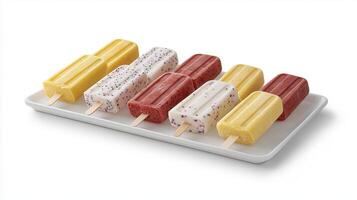 Assortment of Delicious Fruit Popsicles on White Tray Summer Treats Refreshing Ice Pops photo