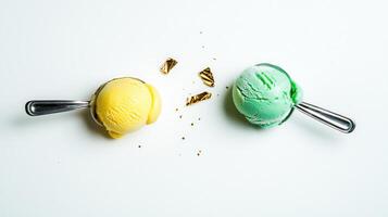Delicious scoops of yellow and green ice cream on spoons with gold leaf sprinkles photo
