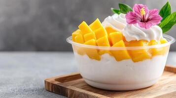 Delicious Mango Dessert with Coconut Cream and Whipped Topping Garnish photo