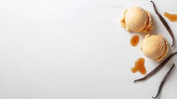 Delicious Vanilla Ice Cream Scoops with Vanilla Beans and Caramel Drizzle on White Background photo