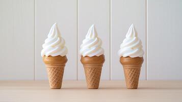 Three Creamy Vanilla Soft Serve Ice Cream Cones on Wooden Table photo