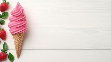 Delicious Pink Strawberry Soft Serve Ice Cream Cone on White Wood Background photo