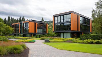 Modern Orange and Black Office Buildings with Landscaped Grounds and Walkway photo