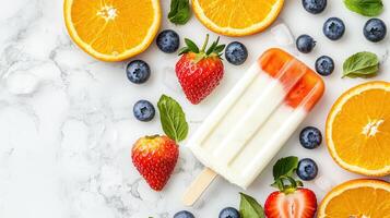Delicious Strawberry Orange Yogurt Popsicle with Fresh Berries on Marble photo