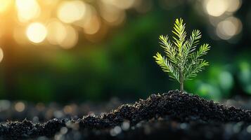 Young Seedling Growing in Rich Soil at Sunrise Nature Growth Environment photo