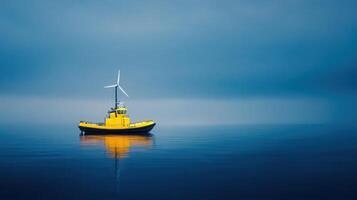 Yellow Tugboat with Wind Turbine at Sea Calm Ocean Misty Day photo