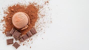 Delicious Chocolate Ice Cream Scoop with Cocoa Powder and Broken Chocolate Pieces on White photo