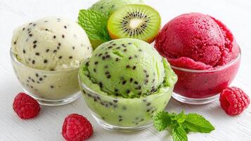 Delicious Assortment of Gourmet Ice Cream Scoops with Kiwi and Raspberries photo