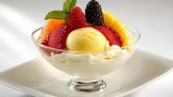 Delicious Vanilla Ice Cream Dessert with Fresh Raspberries Pineapple and Grapefruit photo