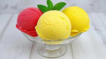Delicious Scoops of Red and Yellow Ice Cream in Glass Bowl Mint Garnish photo