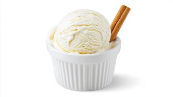 Delicious Vanilla Ice Cream Scoop in White Bowl with Cinnamon Sticks photo