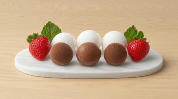 Delicious Chocolate and Vanilla Ice Cream Balls with Fresh Strawberries on Marble photo