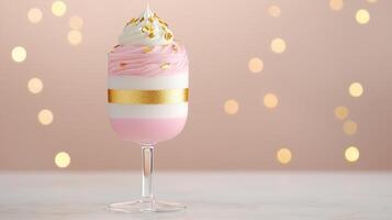 Elegant Pink and White Layered Dessert in Glass with Gold Accents Festive Bokeh Background photo