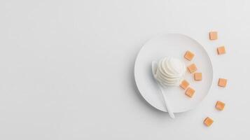 Creamy Vanilla Ice Cream Scoop with Caramel Candies on White Plate photo