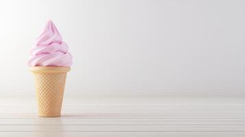Pink Soft Serve Ice Cream Cone on White Wooden Background Sweet Summer Treat photo