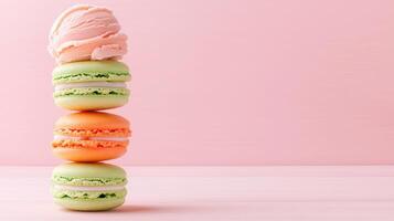 Delicious Stack of Pastel Macarons and Ice Cream on Pink Background photo